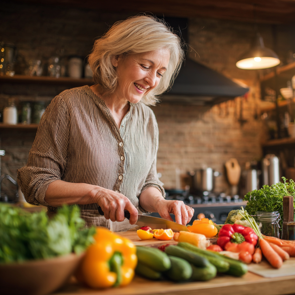 mature woman preparing healthy meal in kitchen with fresh vegetables