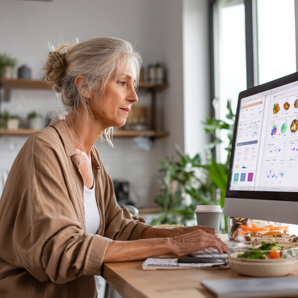 middle-aged nutritionist working with meal planning software on computer