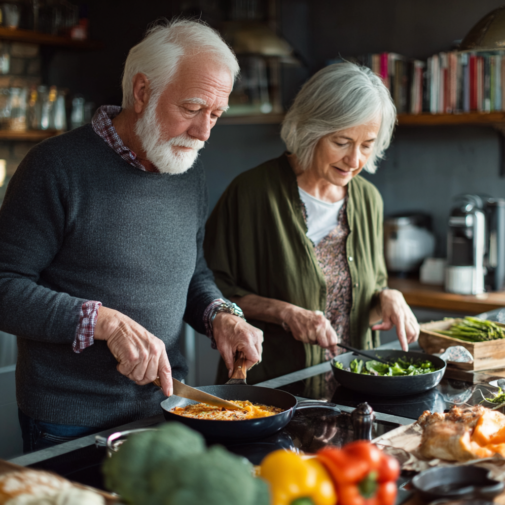 senior couple cooking together following healthy meal plan in modern kitchen